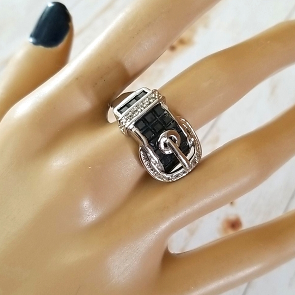 NWT Silver Tone and Black Crystal Rhinestone Belt Buckle Ring SZ 8 - Picture 12 of 16